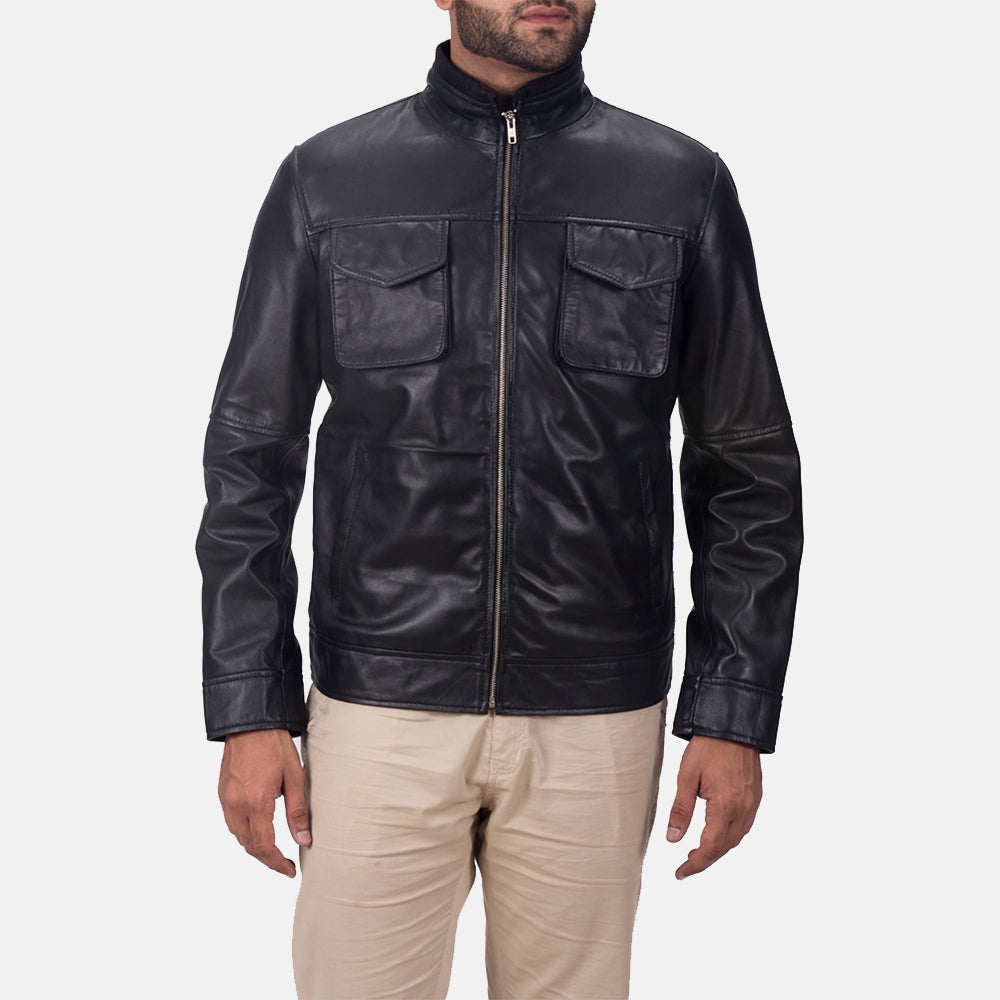 
Maurice Black Leather Jacket in Black Sheepskin Leather - Front Profile View & Tailored Silhouette | Buy Online