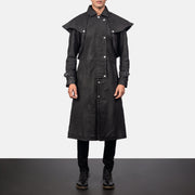 
Men's Maverick Black Leather Duster in Distressed Black Sheepskin Snuffed - Front Profile View & Tailored Silhouette | Buy Online