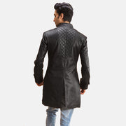 
Men's Midlander Quilted Black Leather Coat - Lateral Side Profile View Showing Sleeve Cut & Athletic Taper Fit