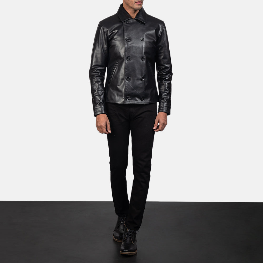 Mod Black Leather Peacoat - Lateral Side Profile View Showing Sleeve Cut &amp; Athletic Taper Fit
