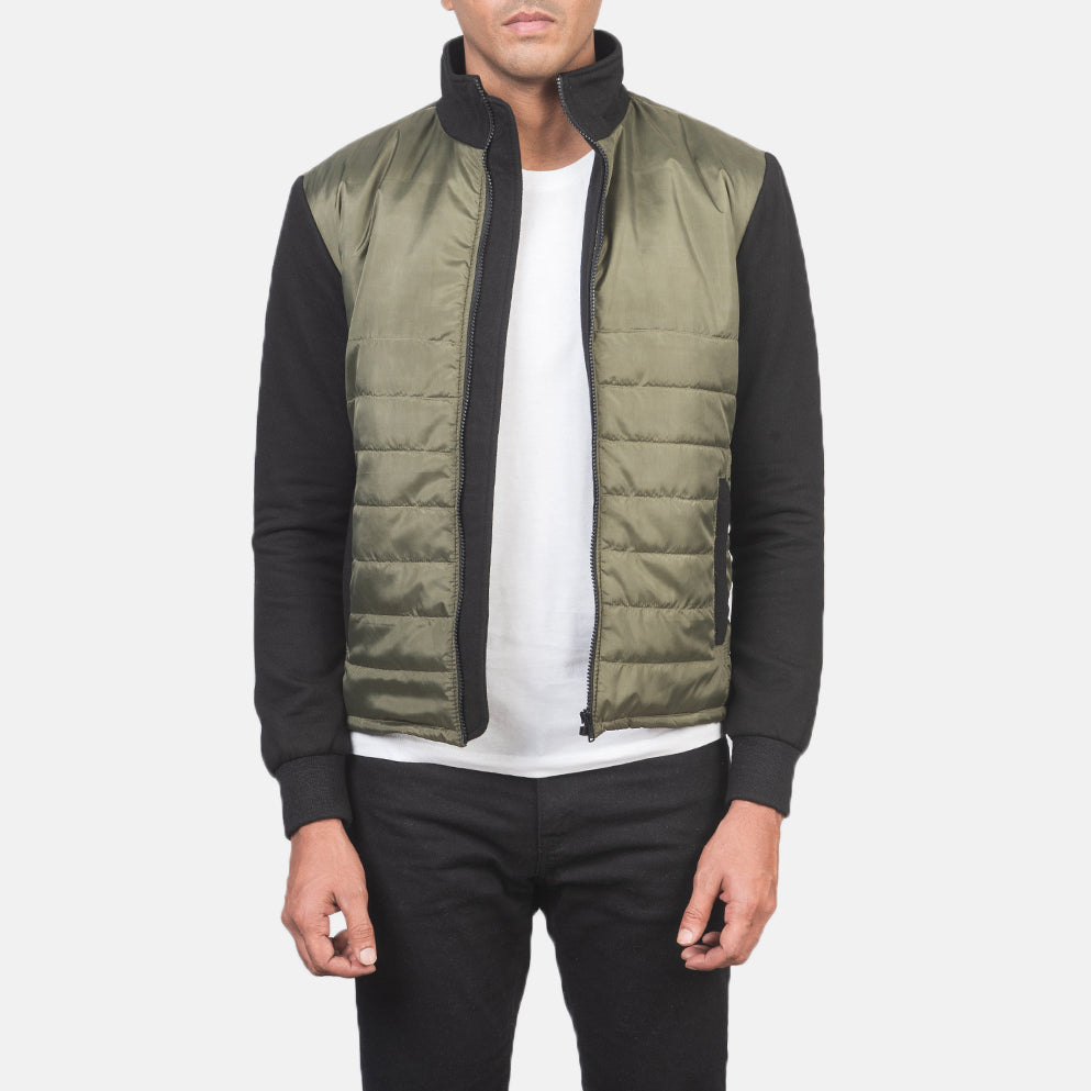 
Men's Nashville Quilted Green Windbreaker Jacket in Green & Black Nylon (Torso) &Amp; Knitted Fabric (Sleeves) - Front Profile View & Tailored Silhouette | Buy Online