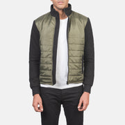 
Men's Nashville Quilted Green Windbreaker Jacket in Green & Black Nylon (Torso) &Amp; Knitted Fabric (Sleeves) - Front Profile View & Tailored Silhouette | Buy Online