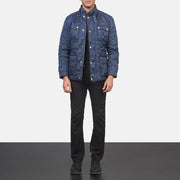 
Close-Up Detail of Belted Band & Zipper with Front Button Flap Hardware on Men's Nelson Quilted Blue Windbreaker Jacket