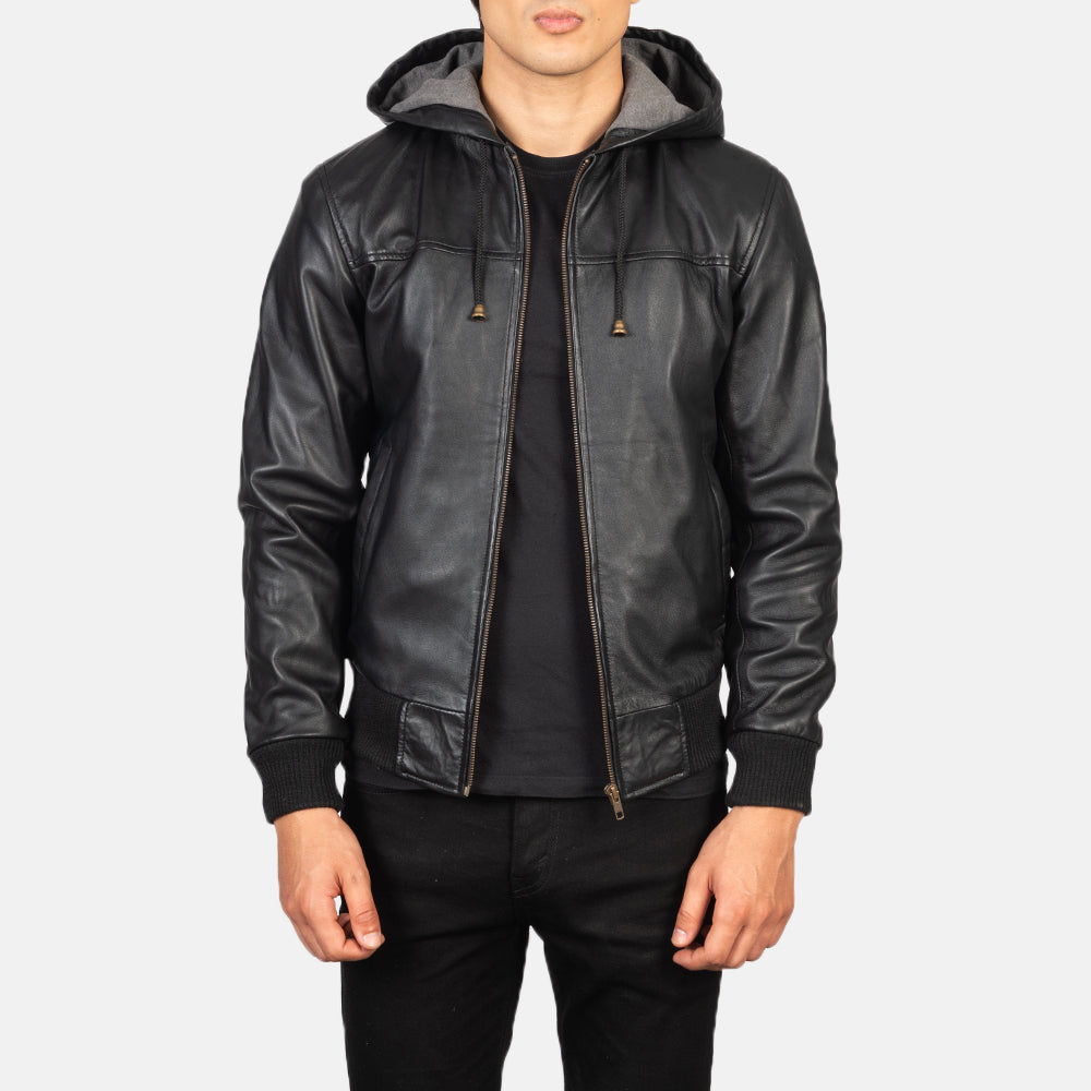 
Men's Nintenzo Black Hooded Leather Jacket in Black Sheepskin Leather - Front Profile View & Tailored Silhouette | Buy Online