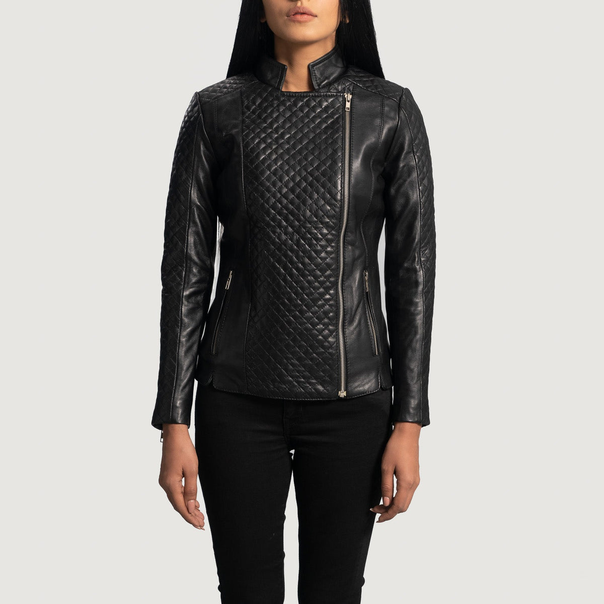 
Women's Orient Grain Quilted Black Leather Biker Jacket in Black Sheepskin Leather - Front Profile View & Tailored Silhouette | Buy Online