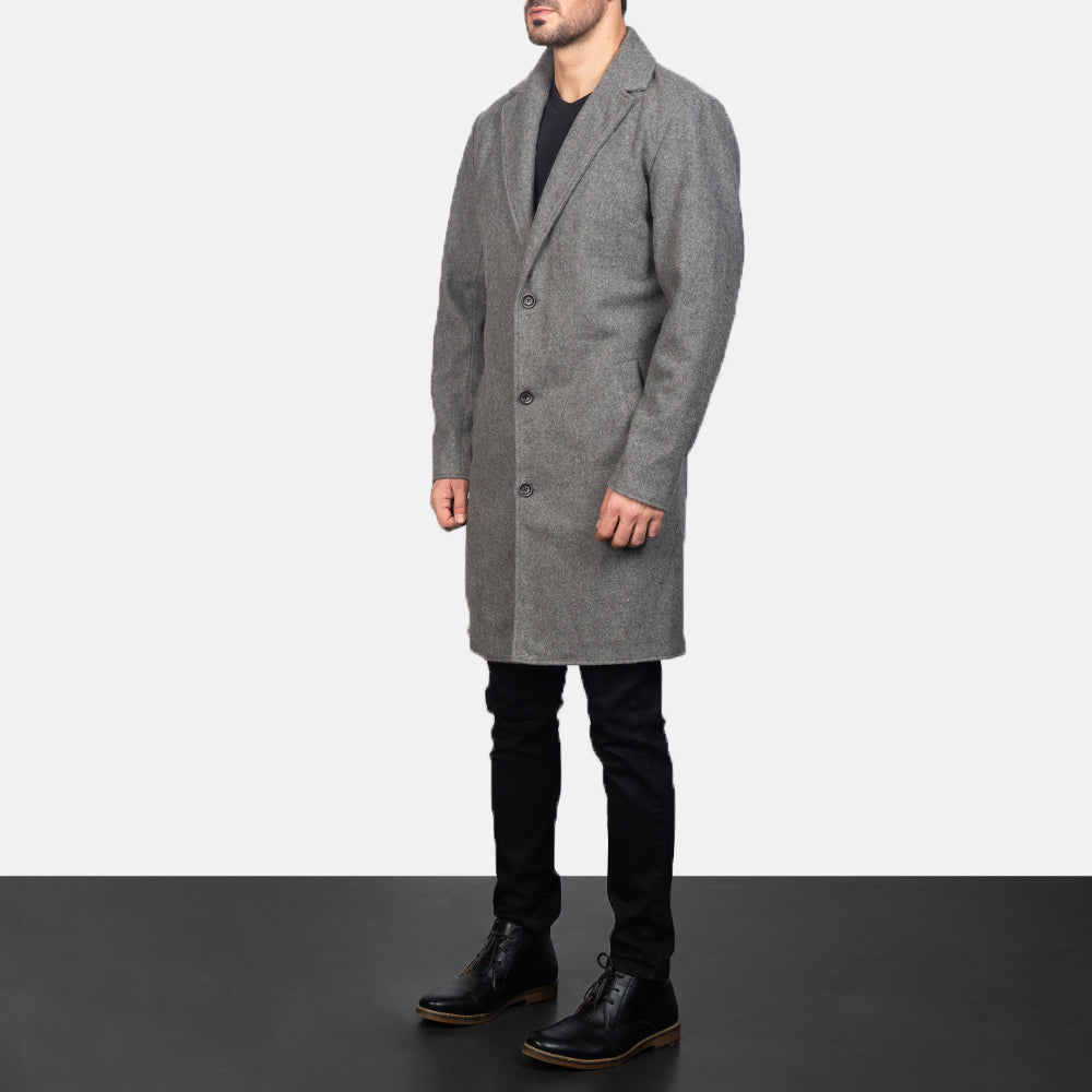 
Grey Synthetic Wool Trench Coat - Back View Showing Tailored Shoulder Fit & Clean Hemline