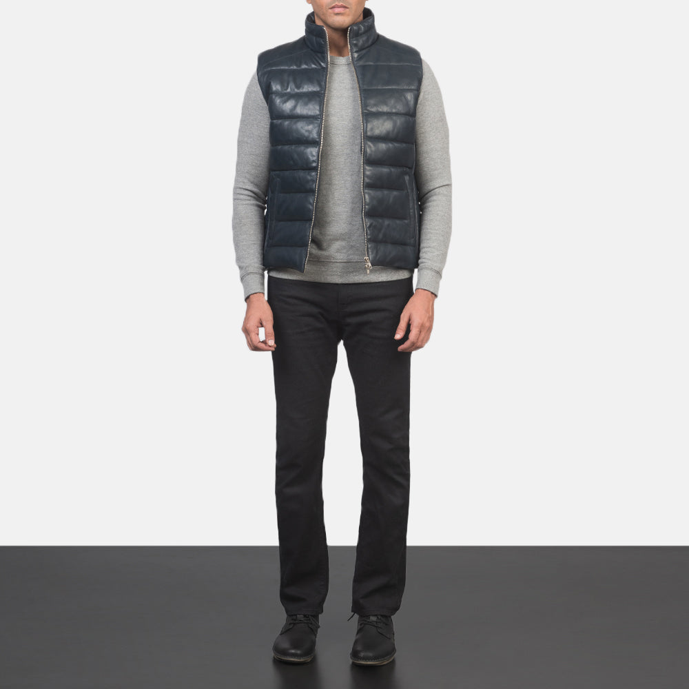 
Men's Reeves Blue Leather Puffer Vest - Lateral Side Profile View Showing Sleeve Cut & Athletic Taper Fit