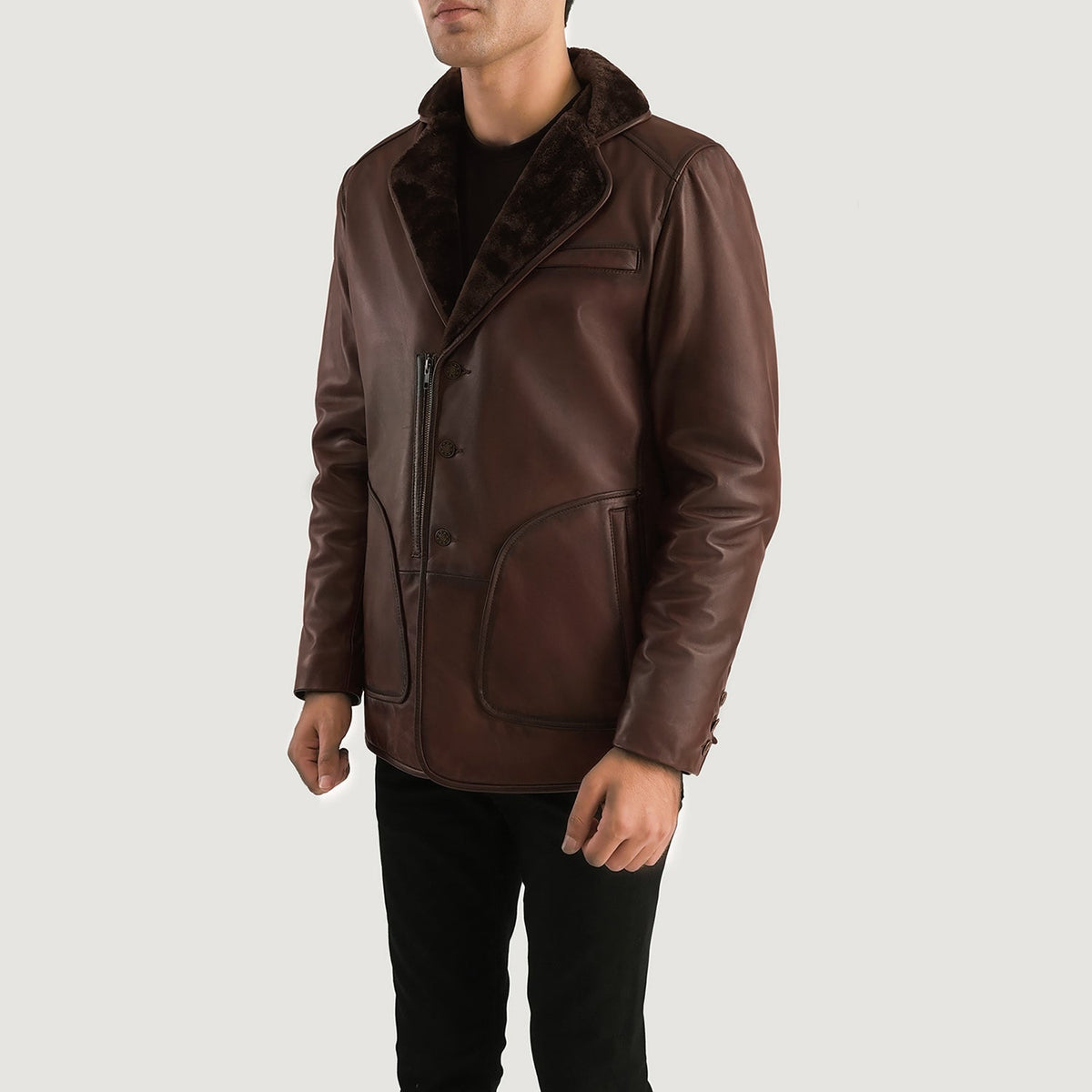 
Distressed Brown Sheepskin Burnishing Aviator Jacket - Back View Showing Tailored Shoulder Fit & Clean Hemline