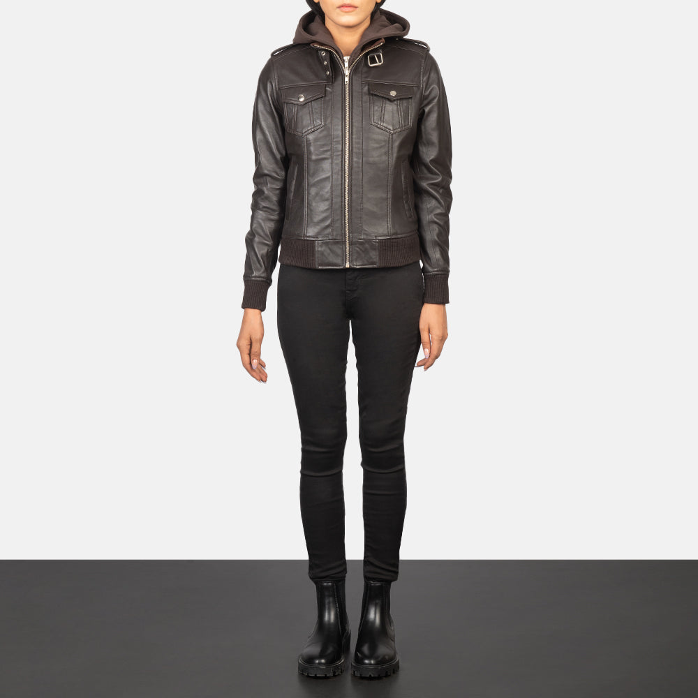 
Women's Roslyn Brown Hooded Leather Bomber Jacket - Lateral Side Profile View Showing Sleeve Cut & Athletic Taper Fit