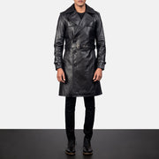 Men's Royson Black Leather Duster Coat in Black Cowhide Leather - Front Profile View &amp; Tailored Silhouette | Buy Online