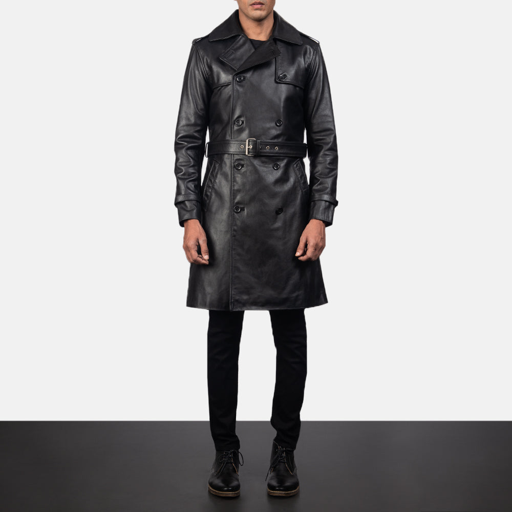 Close-Up Detail of Shirt &amp; Heavy-Duty Zipper Hardware on Men's Royson Black Leather Duster Coat