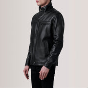 
Sean Black Leather Classic Jacket For Men - Lateral Side Profile View Showing Sleeve Cut & Athletic Taper Fit