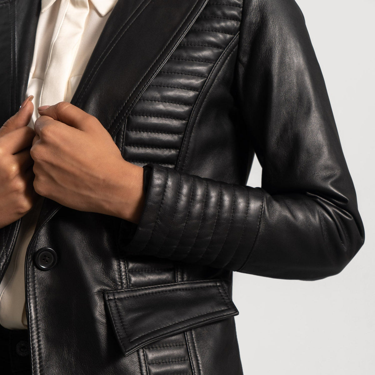 Women's Selina Black Leather Blazer - Lateral Side Profile View Showing Sleeve Cut &amp; Athletic Taper Fit