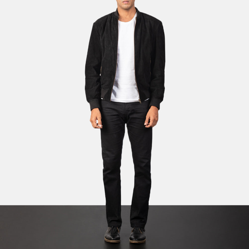 
Men's Shane Black Suede Bomber Jacket - Lateral Side Profile View Showing Sleeve Cut & Athletic Taper Fit