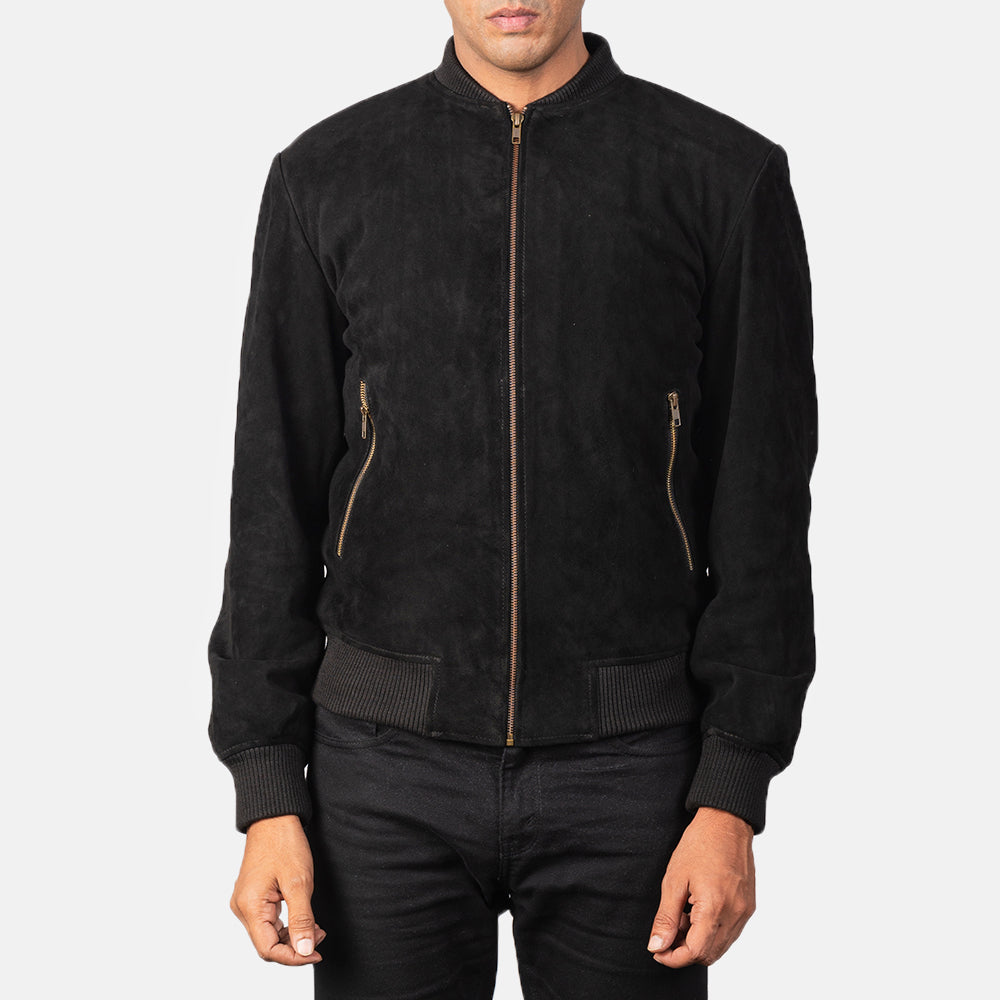 
Close-Up Detail of Varsity & Zipper Hardware on Men's Shane Black Suede Bomber Jacket