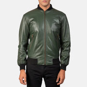 
Men's Shane Army Green Leather Bomber Jacket - Lateral Side Profile View Showing Sleeve Cut & Athletic Taper Fit