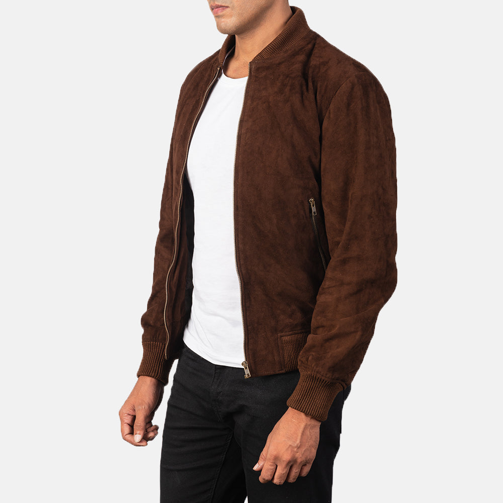 
Dark Brown Goatskin Suede Bomber Jacket - Back View Showing Tailored Shoulder Fit & Clean Hemline