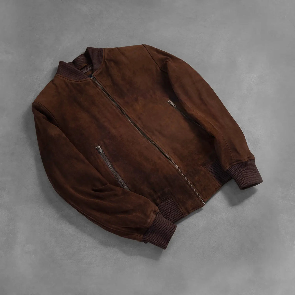 
Rib Knit & Hem Craftsmanship Construction Detail on Men's Shane Dark Mocha Brown Suede Bomber Jacket