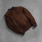
Rib Knit & Hem Craftsmanship Construction Detail on Men's Shane Dark Mocha Brown Suede Bomber Jacket