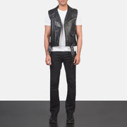 
Men's Sullivan Black Leather Biker Vest - Lateral Side Profile View Showing Sleeve Cut & Athletic Taper Fit