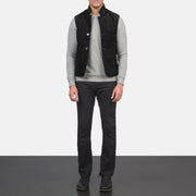 
Men's Tony Black Suede Vest - Lateral Side Profile View Showing Sleeve Cut & Athletic Taper Fit