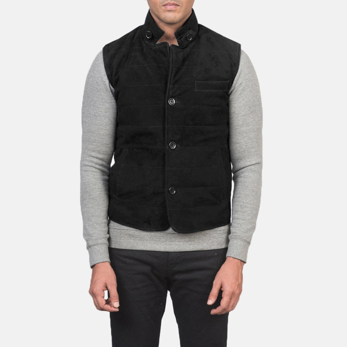 
Close-Up Detail of Notch with removable throat latch & Button Hardware on Men's Tony Black Suede Vest