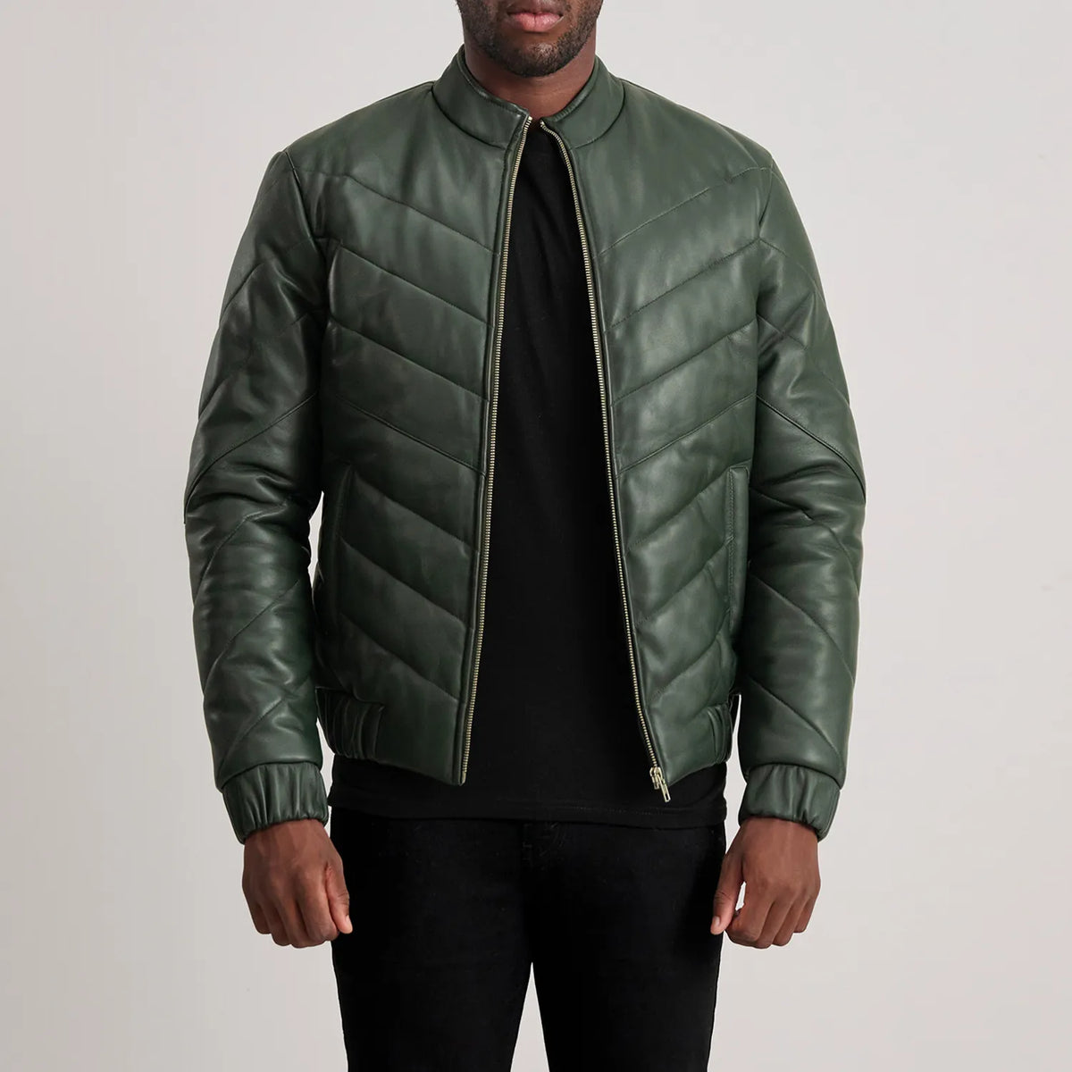 
Tailored Rib Cuffs & Hem Craftsmanship Construction Detail on Travis Black Leather Puffer Jacket