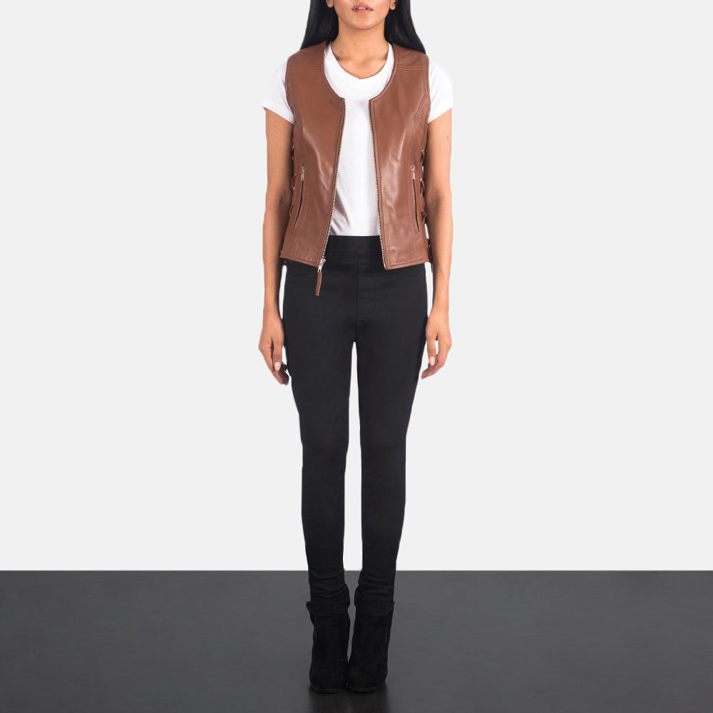 
Women's Vanda Brown Leather Biker Vest - Lateral Side Profile View Showing Sleeve Cut & Athletic Taper Fit