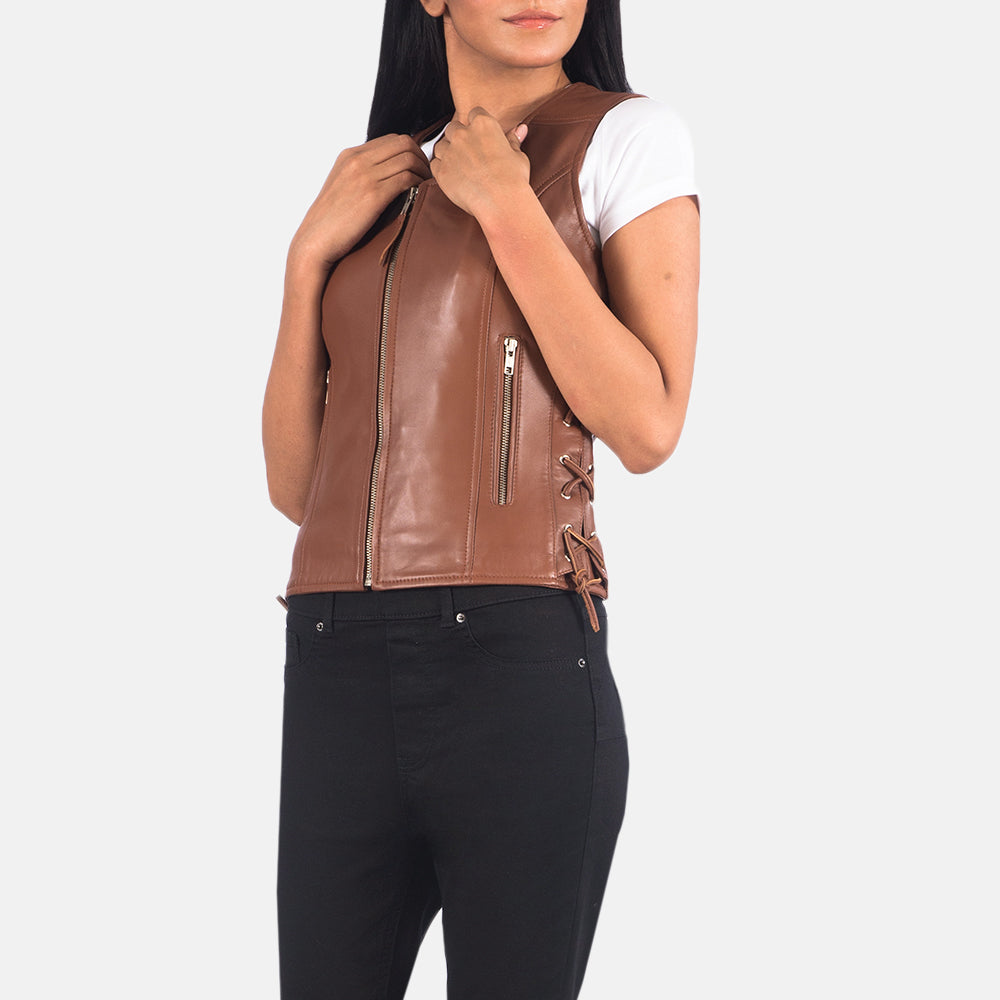 
Close-Up Detail of V-neck & Zipper Hardware on Women's Vanda Brown Leather Biker Vest