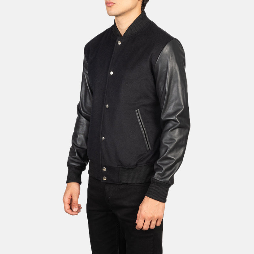 Black Sheepskin Leather Varsity Jacket - Back View Showing Tailored Shoulder Fit & Clean Hemline