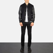
Men's Vaxton Black Hybrid Varsity Jacket - Lateral Side Profile View Showing Sleeve Cut & Athletic Taper Fit