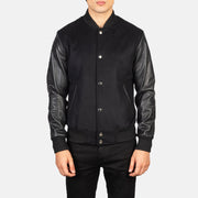 
Close-Up Detail of Varsity & Snap Buttons Hardware on Men's Vaxton Black Hybrid Varsity Jacket