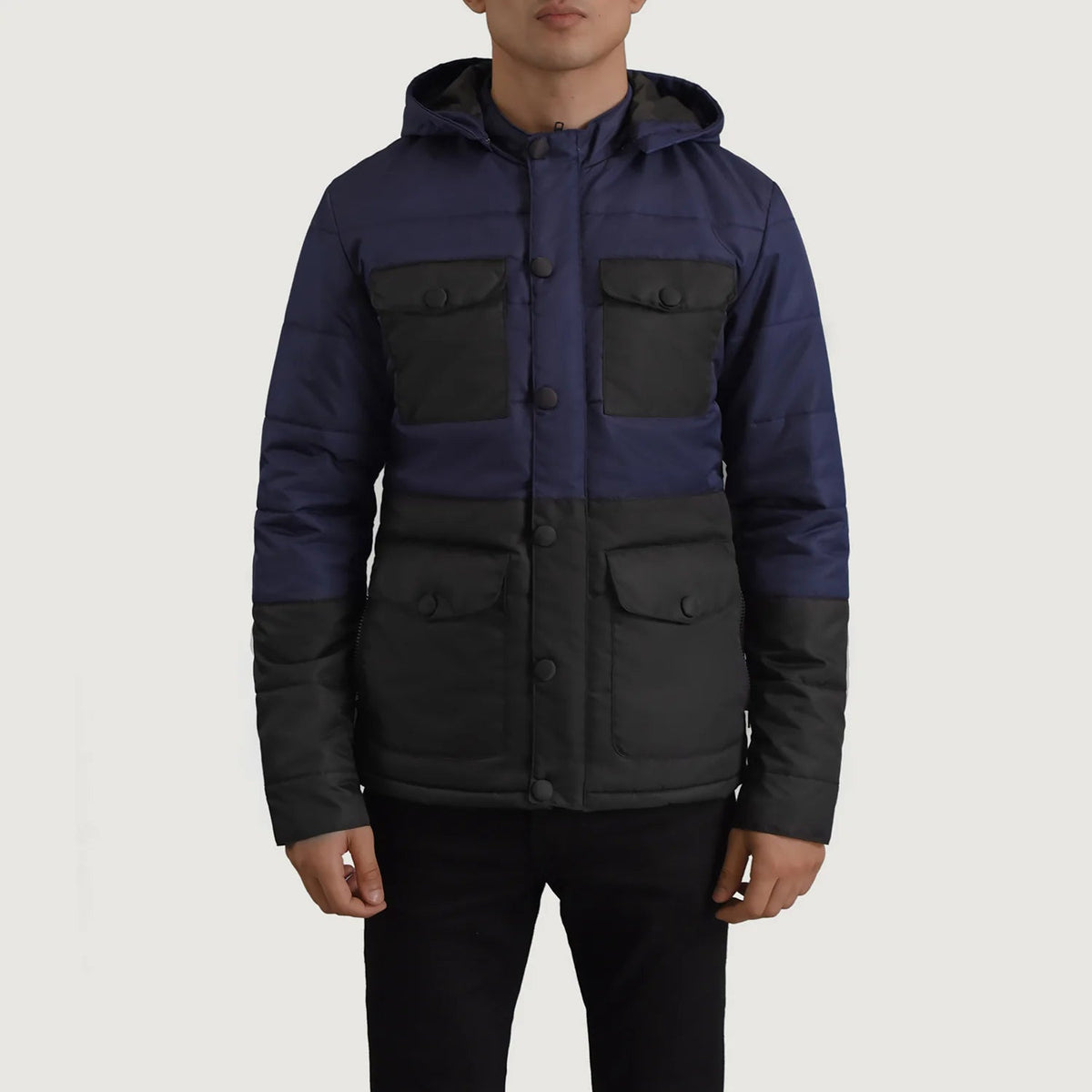 
Close-Up Detail of Classic Collar & Heavy-Duty Zipper Hardware on Wayne Black & Blue Hooded Puffer Jacket