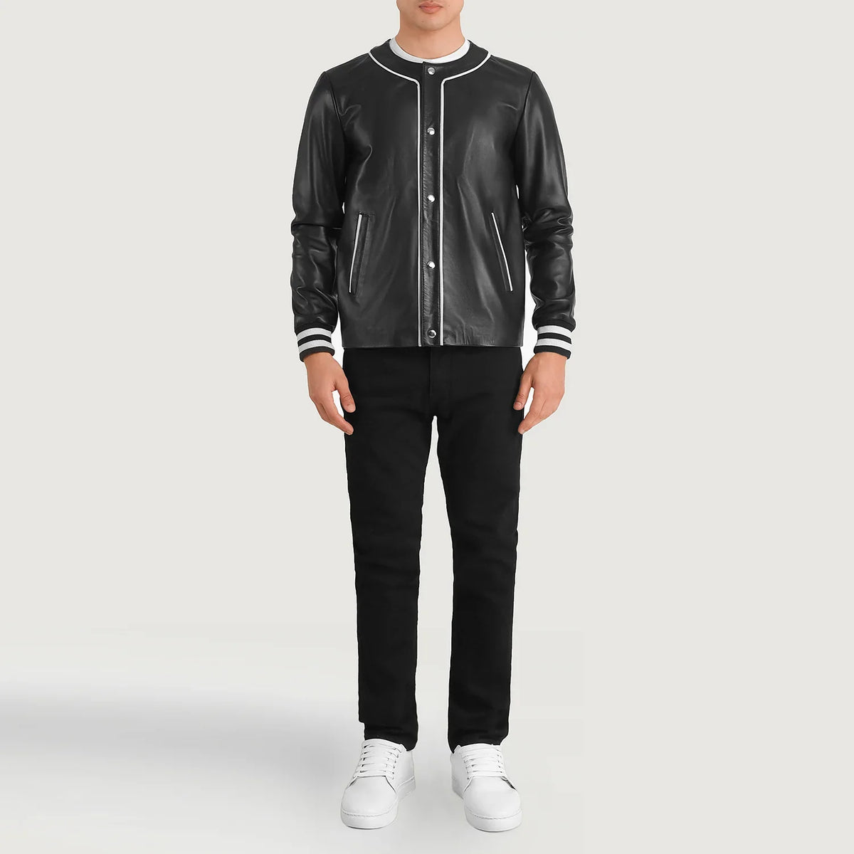 
Willis Black Leather Varsity Jacket - Lateral Side Profile View Showing Sleeve Cut & Athletic Taper Fit