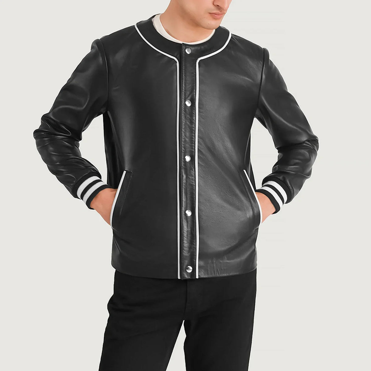 
Close-Up Detail of Collarless & Snap Button Buttons Hardware on Willis Black Leather Varsity Jacket